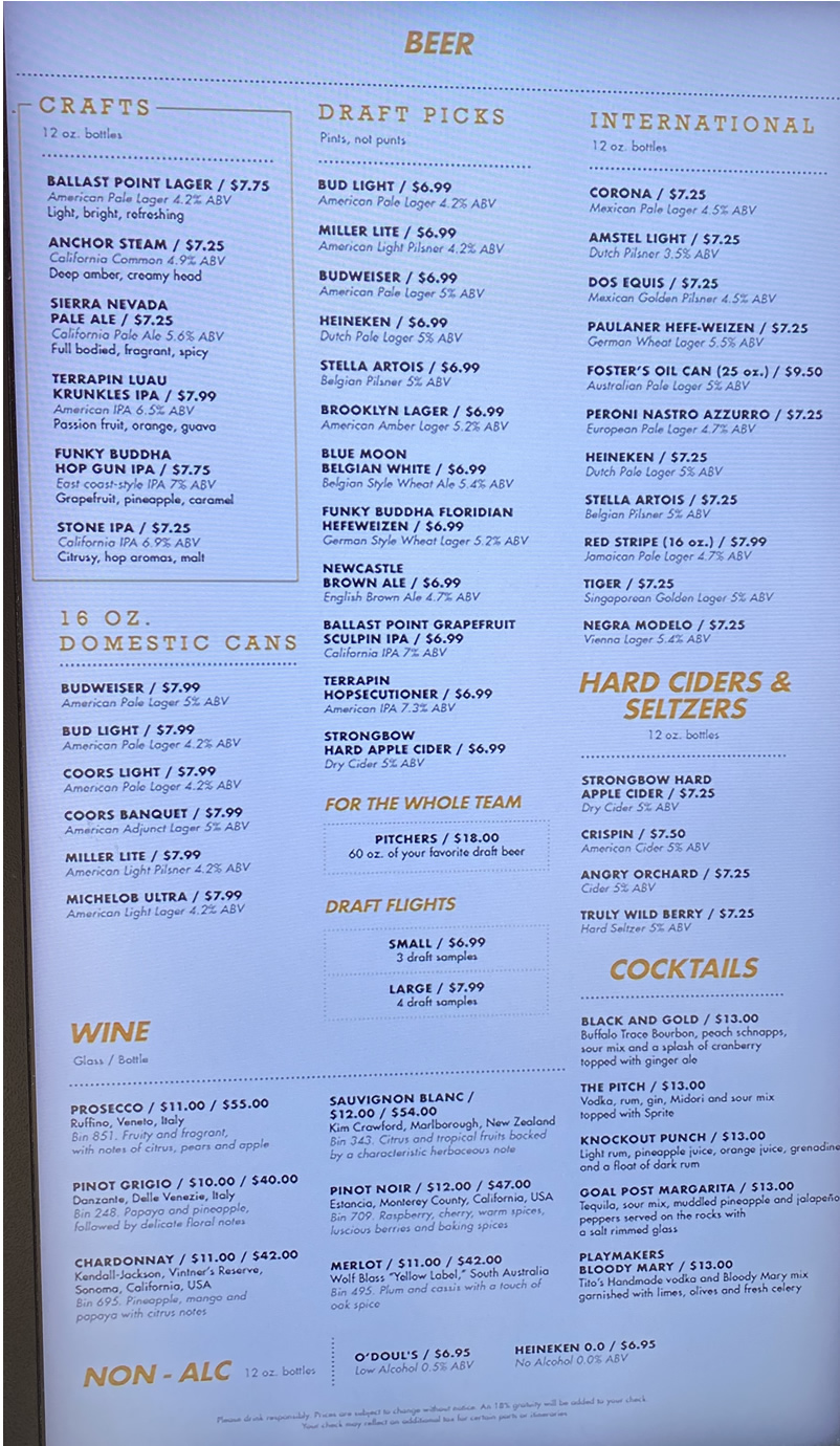 Playmakers Bar Menu